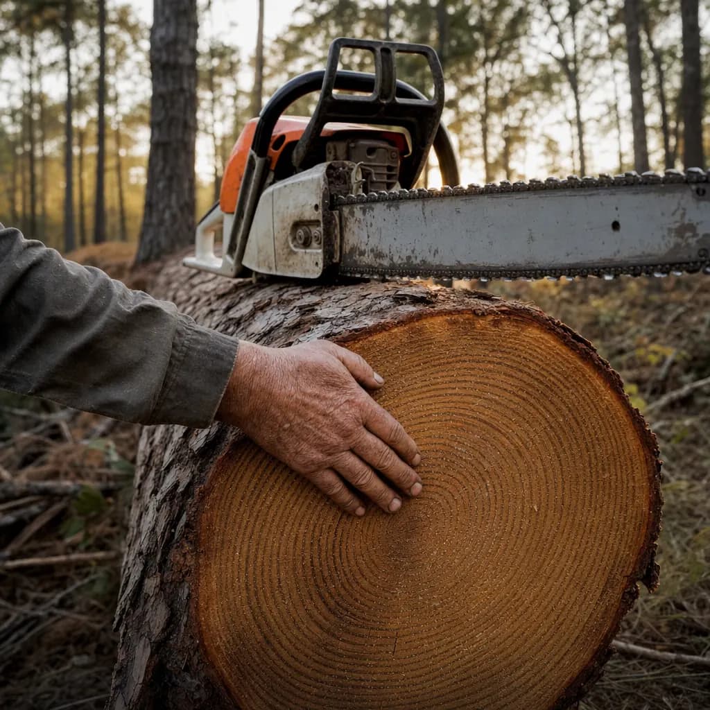 Log close-up with chainsaw — coastal Georgia